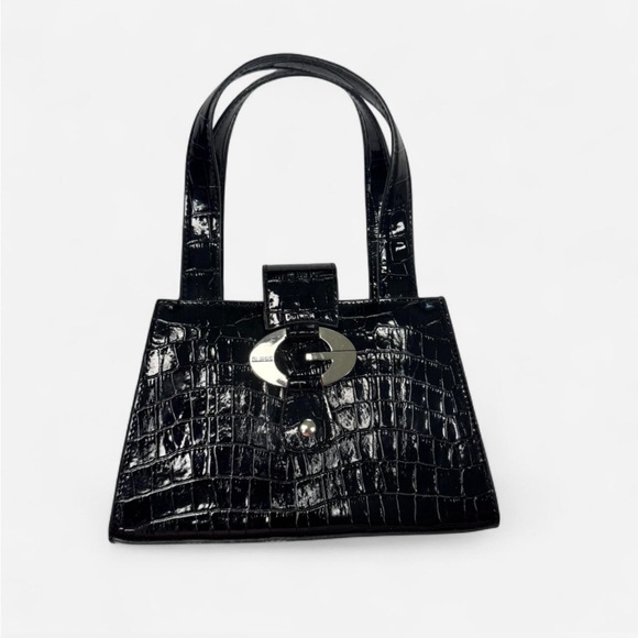 Guess Shiny Black Croc-Embossed Mini Bag - Picture 1 of 6